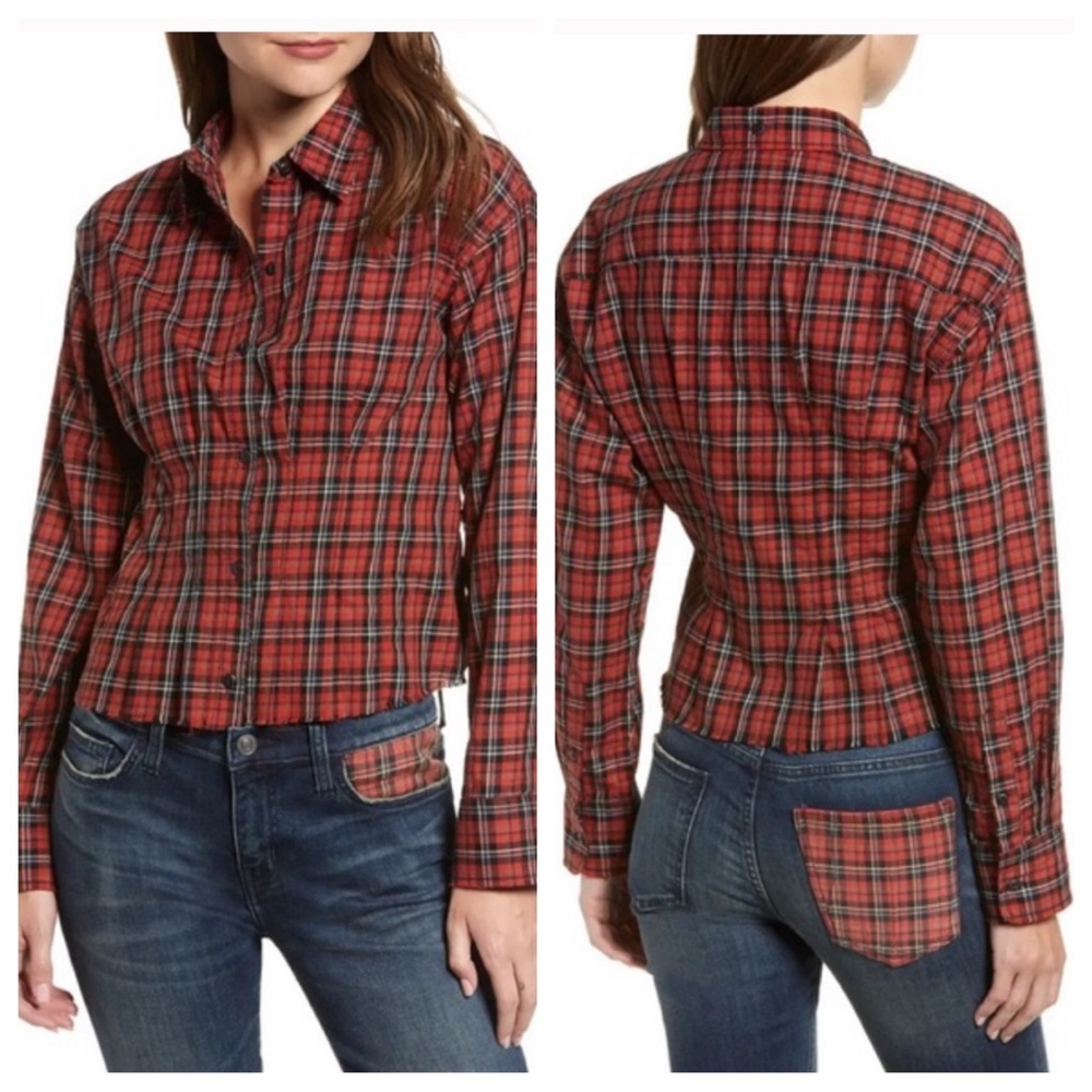 current elliott tella plaid raw edge long sleeve button down shirt